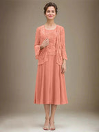 A-line Scoop Tea-Length Lace Chiffon Mother of the Bride Dress With Sequins by Dreamylily