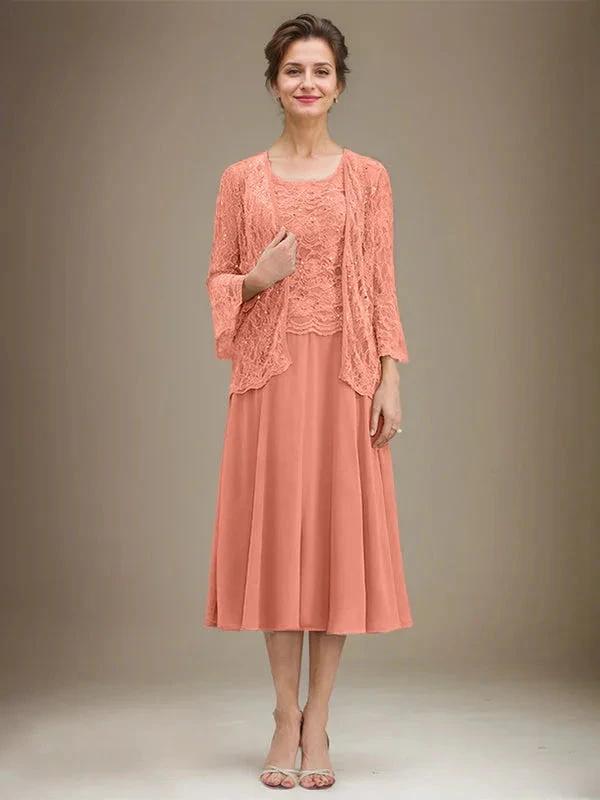 A-line Scoop Tea-Length Lace Chiffon Mother of the Bride Dress With Sequins by Dreamylily