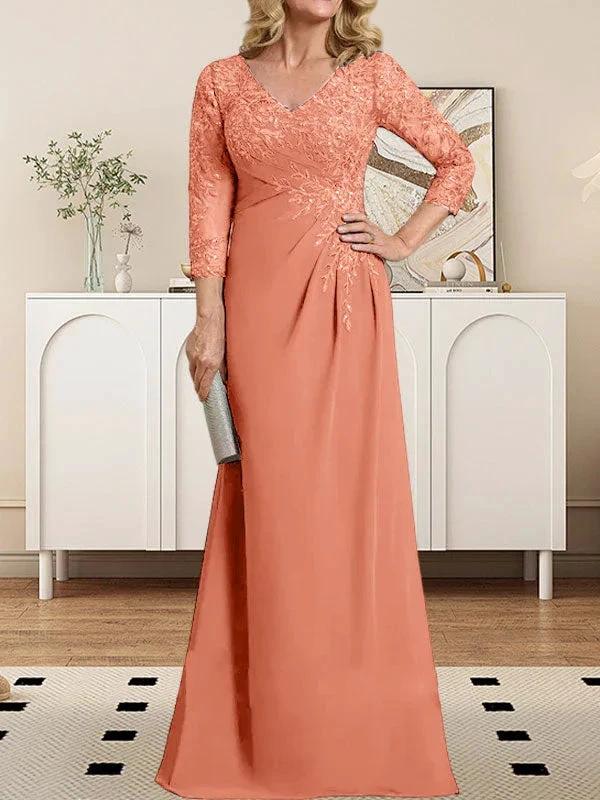 Sheath/Column V-Neck Illusion Floor-Length Lace Chiffon Mother of the Bride Dress With Pleated Sequins by Dreamylily