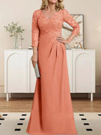 Sheath/Column V-Neck Illusion Floor-Length Lace Chiffon Mother of the Bride Dress With Pleated Sequins by Dreamylily