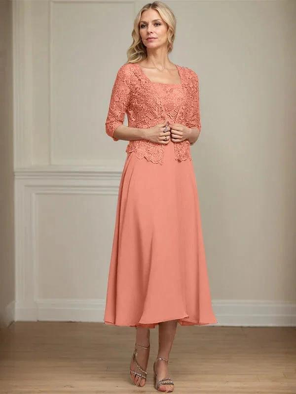 A-line Square Tea-Length Chiffon Lace Mother of the Bride Dress With Sequins Beading by Dreamylily