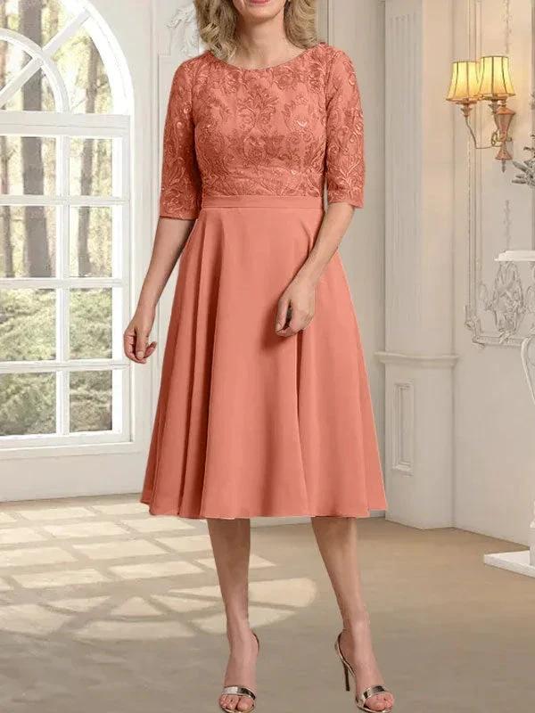 A-line Scoop Knee-Length Lace Chiffon Mother of the Bride Dress by Dreamylily