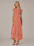 A-line Boat Neck Illusion Asymmetrical Chiffon Lace Mother of the Bride Dress With Applique Pleats by Dreamylily
