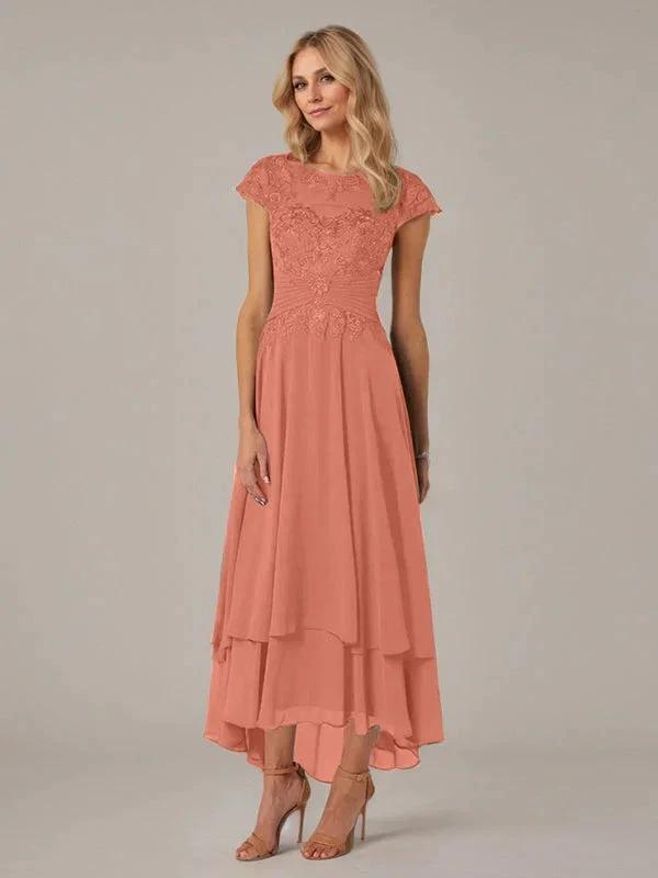 A-line Boat Neck Illusion Asymmetrical Chiffon Lace Mother of the Bride Dress With Applique Pleats by Dreamylily