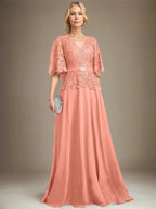 A-line V-Neck Floor-Length Chiffon Lace Mother of the Bride Dress With Crystal Brooch Rhinestone by Dreamylily