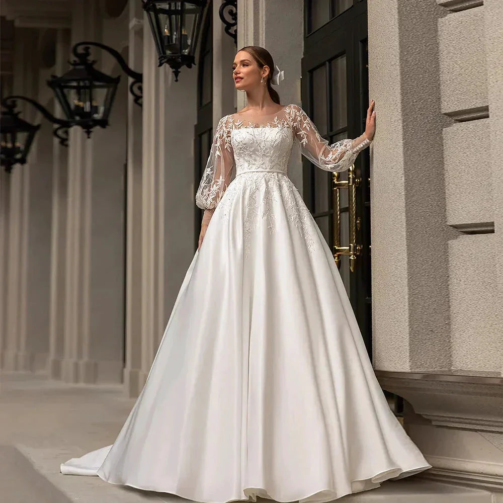 Classic Wedding Dresses Women O-Neck Full Sleeves Bride Dress Satin With Applique Sweep Train A-Line Custom Occasion Gowns by payinti