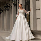 Classic Wedding Dresses Women O-Neck Full Sleeves Bride Dress Satin With Applique Sweep Train A-Line Custom Occasion Gowns by payinti