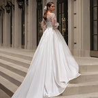 Classic Wedding Dresses Women O-Neck Full Sleeves Bride Dress Satin With Applique Sweep Train A-Line Custom Occasion Gowns by payinti