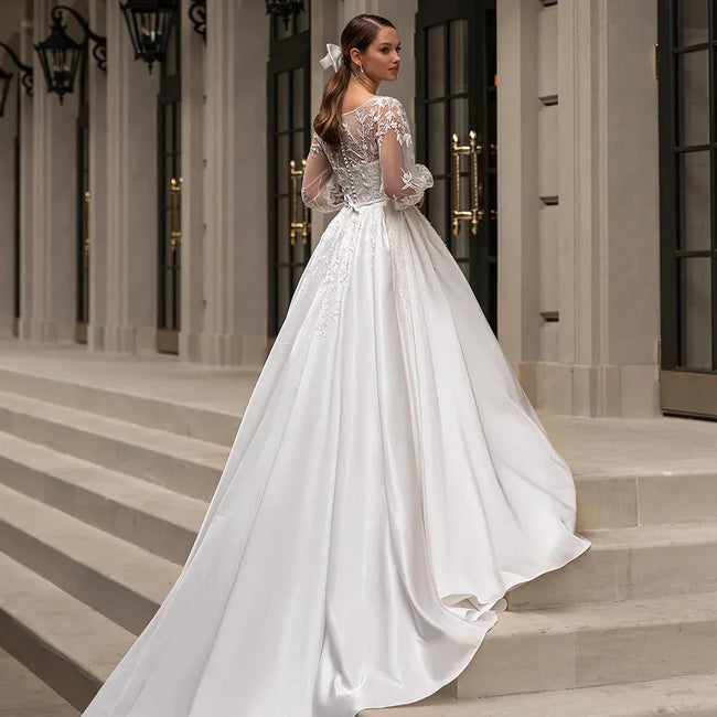 Classic Wedding Dresses Women O-Neck Full Sleeves Bride Dress Satin With Applique Sweep Train A-Line Custom Occasion Gowns Main Image