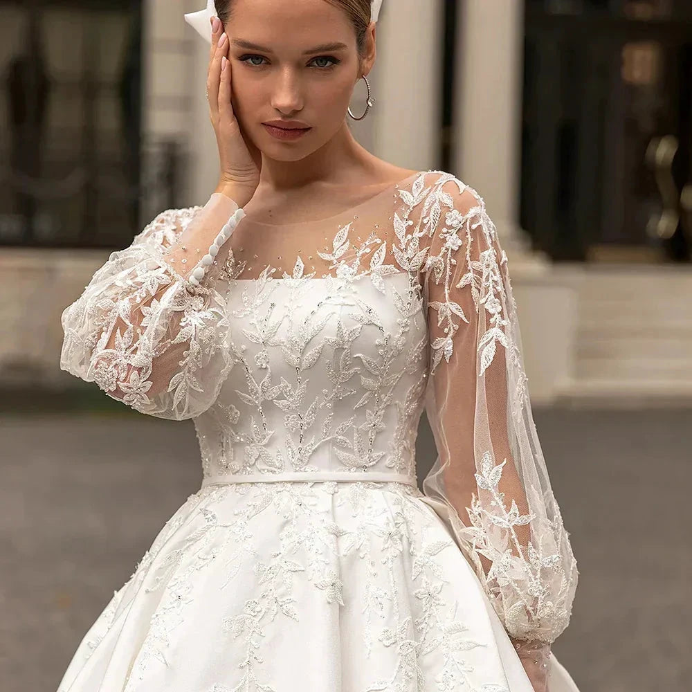 Classic Wedding Dresses Women O-Neck Full Sleeves Bride Dress Satin With Applique Sweep Train A-Line Custom Occasion Gowns by payinti