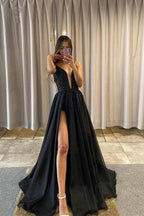 Classic Detachable A-Line V-Neck Black Tulle Prom Dress PSK383 by pgmdress