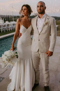 Classic Spaghetti Straps V-Neck Beach Simple Ivory Wedding Dress WD645 by pgmdress