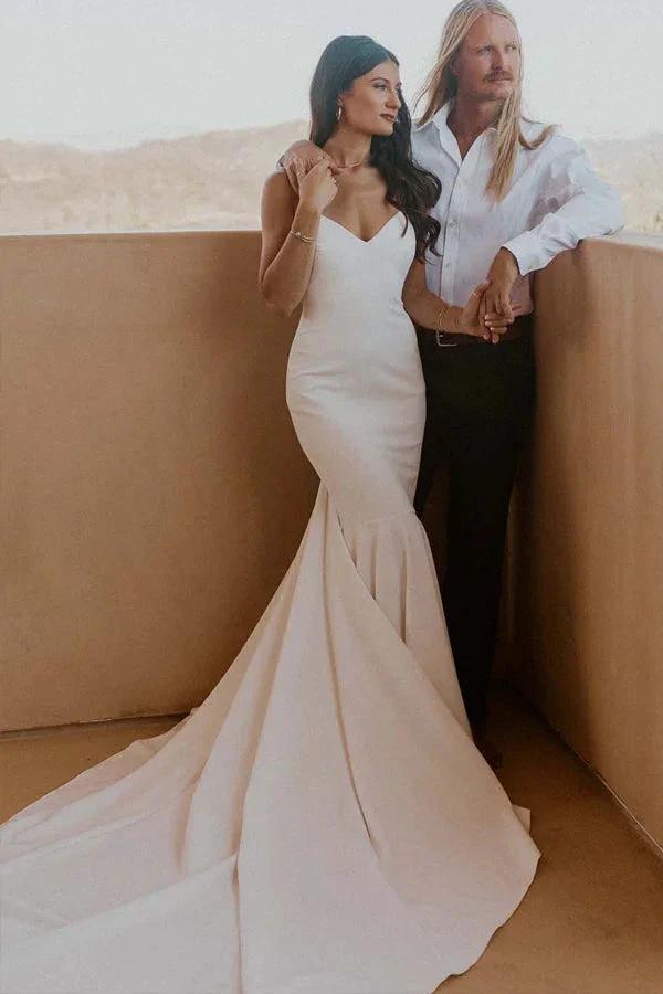 Classic Spaghetti Straps V-Neck Beach Simple Ivory Wedding Dress WD645 by pgmdress