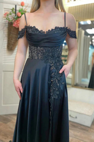 Vestido de fiesta con abertura en A, hombros descubiertos, cuentas y bolsillos PSK555