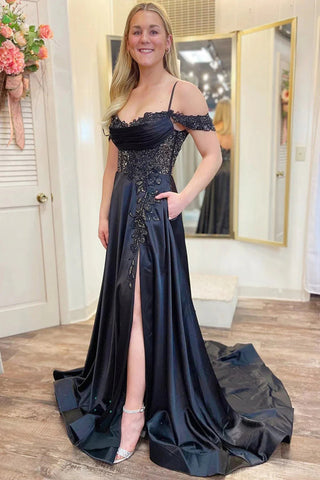 Vestido de fiesta con abertura en A, hombros descubiertos, cuentas y bolsillos PSK555