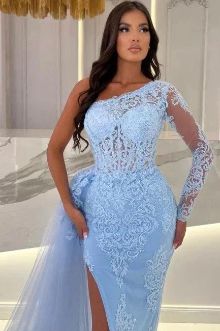 Column Floor-Length Split Front Sky Blue Tulle One Shoulder Long Sleeve Prom Dresses with Lace by misshow.com