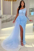 Column Floor-Length Split Front Sky Blue Tulle One Shoulder Long Sleeve Prom Dresses with Lace by misshow.com