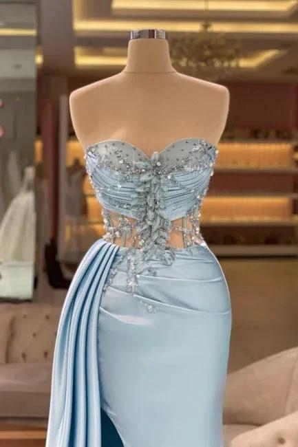 Column Split Front Floor-Length Sweetheart Strapless Sleeveless Sky Blue Ruffle Stain Prom Dresses with Beadings by misshow.com