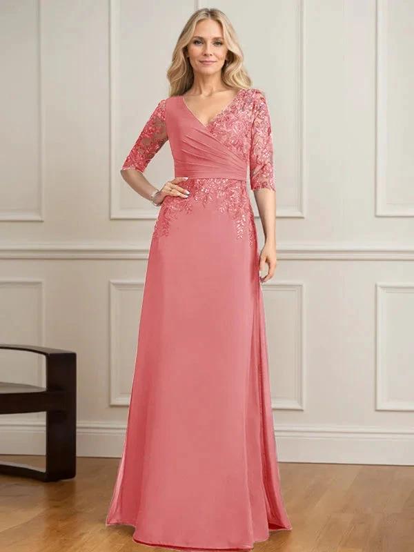 A-line V-Neck Floor-Length Lace Chiffon Mother of the Bride Dress With Pleated Sequins by Dreamylily
