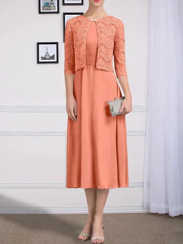 A-line Scoop Tea-Length Chiffon Mother of the Bride Dress With Pleated by Dreamylily