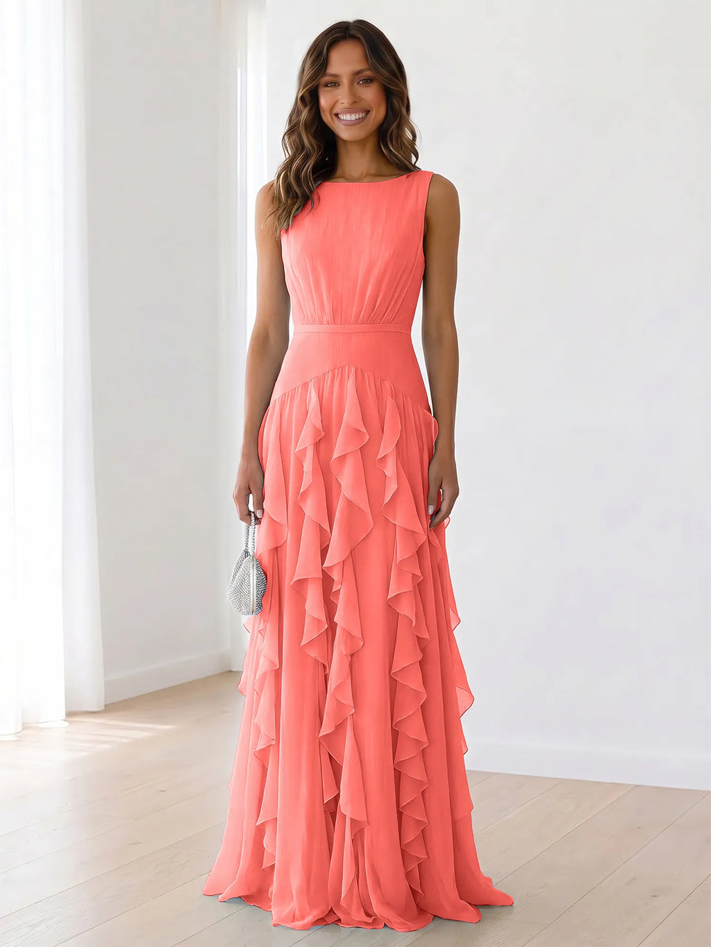 Sleeveless Tiered Chiffon Maxi Evening Gown with Ruched Bodice