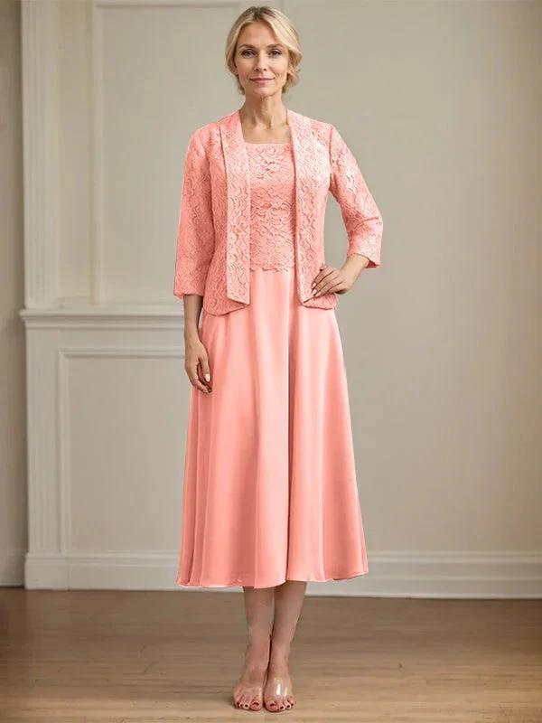 A-line Scoop Tea-Length Lace Chiffon Mother of the Bride Dress by Dreamylily