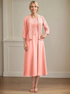 A-line Scoop Tea-Length Lace Chiffon Mother of the Bride Dress by Dreamylily