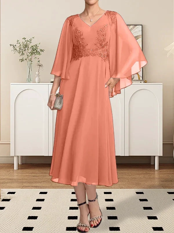 A-line V-Neck Tea-Length Chiffon Lace Mother of the Bride Dress With Beading Sequins by Dreamylily