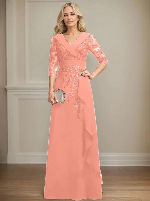 A-line Collared V-Neck Floor-Length Lace Chiffon Mother of the Bride Dress With Sequins Cascading Ruffles by Dreamylily