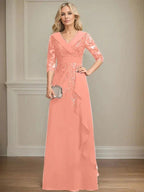 A-line Collared V-Neck Floor-Length Lace Chiffon Mother of the Bride Dress With Sequins Cascading Ruffles by Dreamylily
