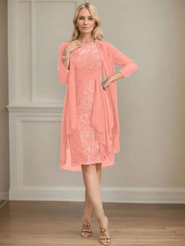 Sheath/Column Scoop Illusion Knee-Length Lace Chiffon Mother of the Bride Dress With Cascading Ruffles Sequins by Dreamylily