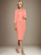 Sheath/Column Scoop Knee-Length Chiffon Lace Mother of the Bride Dress With Beading by Dreamylily