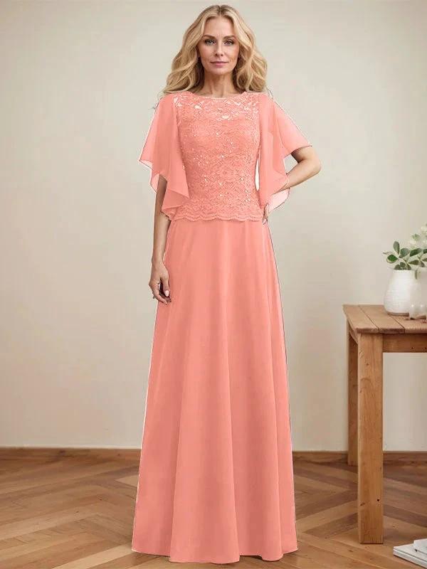 A-line Scoop Illusion Floor-Length Lace Chiffon Mother of the Bride Dress With Sequins by Dreamylily