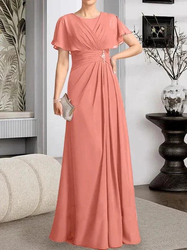 A-line Scoop Floor-Length Chiffon Mother of the Bride Dress With Pleated Beading by Dreamylily