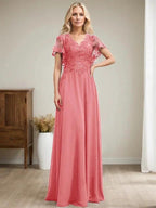 A-line V-Neck Floor-Length Lace Chiffon Mother of the Bride Dress With Sequins by Dreamylily