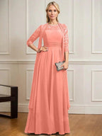 A-line Scoop Illusion Floor-Length Lace Chiffon Mother of the Bride Dress With Pleated by Dreamylily