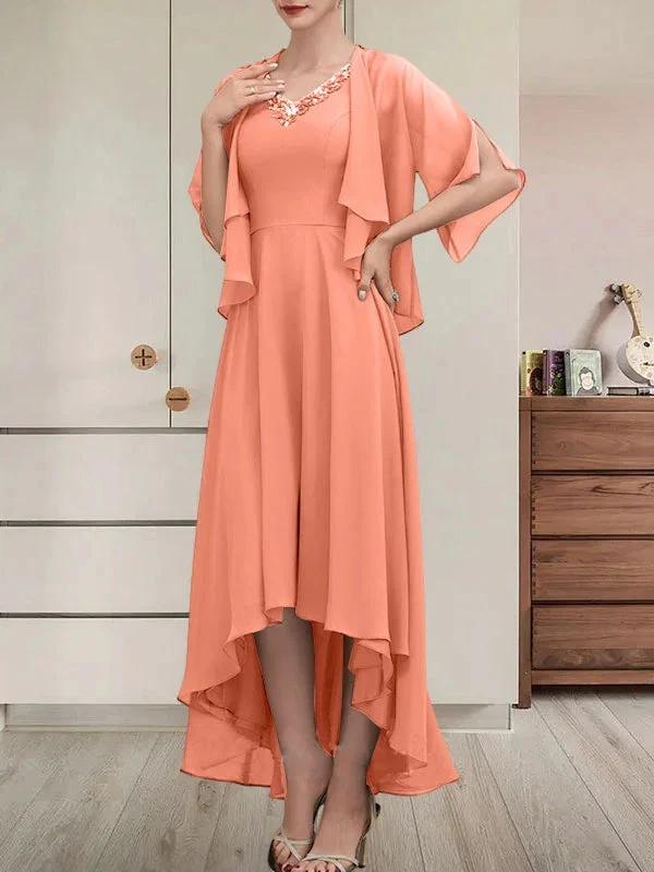 A-line V-Neck Asymmetrical Chiffon Mother of the Bride Dress With Beading Sequins by Dreamylily