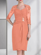 Sheath/Column Sweetheart Knee-Length Chiffon Mother of the Bride Dress With Beading Appliques Lace Sequins Pleated by Dreamylily