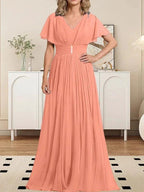 A-line V-Neck Floor-Length Chiffon Mother of the Bride Dress With Crystal Brooch Pleated by Dreamylily