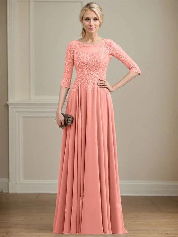 A-line Scoop Illusion Floor-Length Lace Chiffon Mother of the Bride Dress With Sequins by Dreamylily