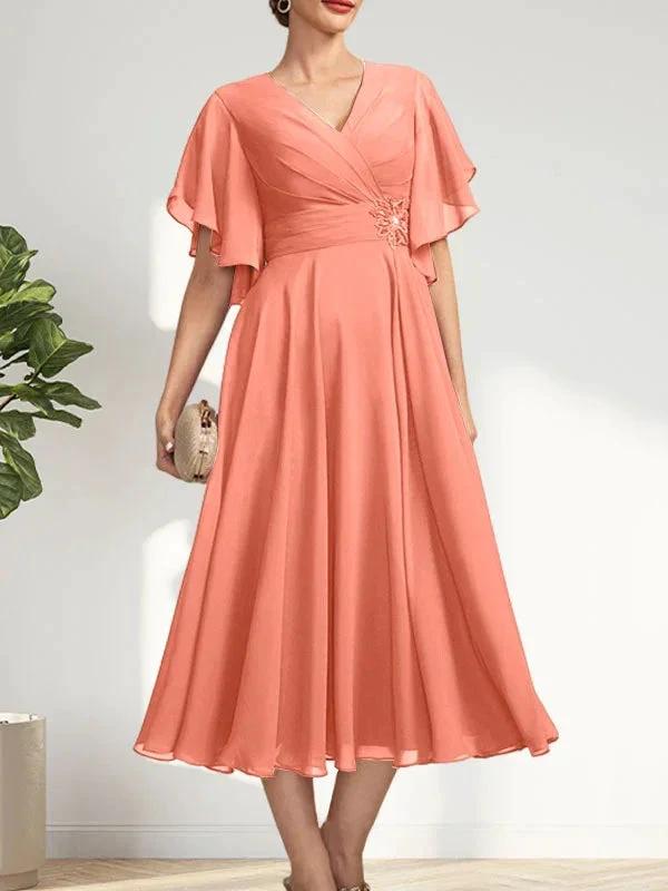 A-line V-Neck Tea-Length Chiffon Mother of the Bride Dress With Pleated Beading by Dreamylily