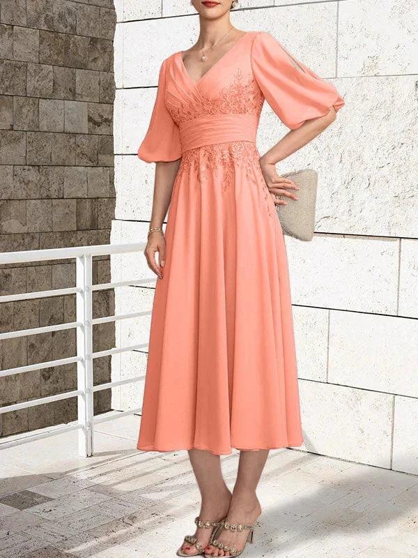 A-line V-Neck Tea-Length Lace Chiffon Mother of the Bride Dress With Pleated by Dreamylily