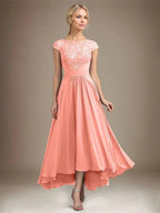 A-line Scoop Illusion Asymmetrical Lace Chiffon Mother of the Bride Dress With Pleated by Dreamylily