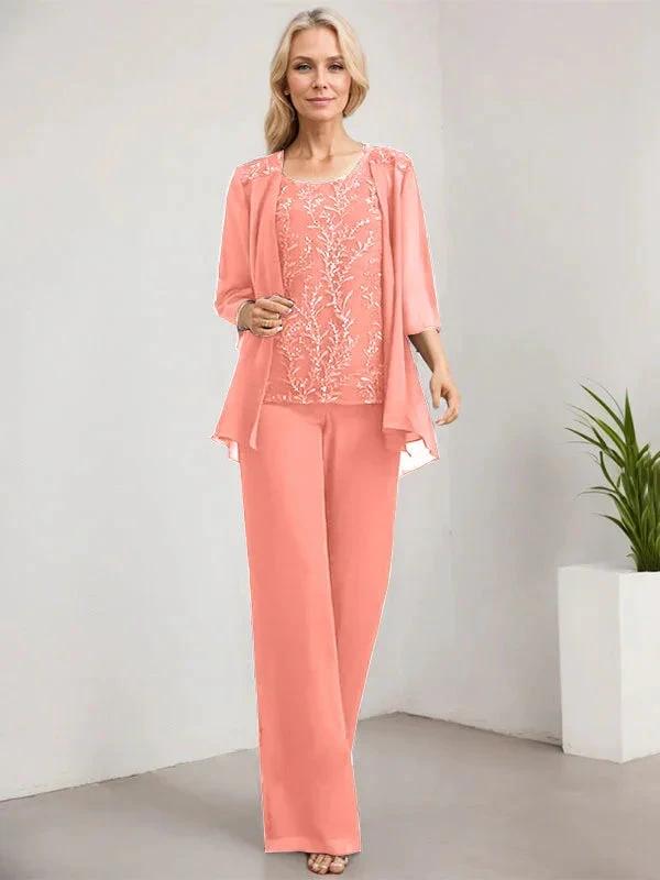 Separates Jumpsuit/Pantsuit Scoop Floor-Length Lace Chiffon Mother of the Bride Dress With Sequins by Dreamylily