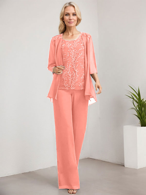 Separates Jumpsuit/Pantsuit Scoop Floor-Length Lace Chiffon Mother of the Bride Dress With Sequins