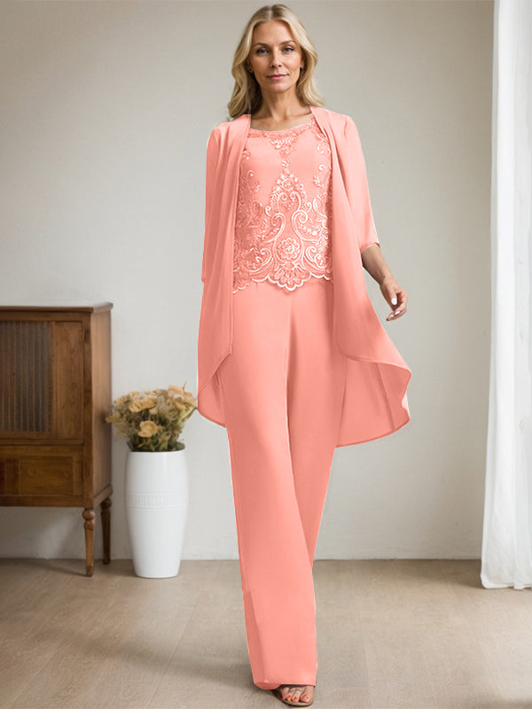 Separates Jumpsuit/Pantsuit Scoop Floor-Length Chiffon Lace Mother of the Bride Dress With Beading Sequins