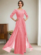 A-Line Scoop Illusion Floor-Length Lace Chiffon Mother Of the Bride Dress With Beading Ruffles by Dreamylily