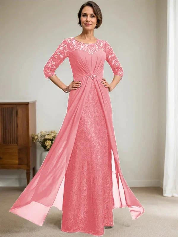 A-Line Scoop Illusion Floor-Length Lace Chiffon Mother Of the Bride Dress With Beading Ruffles by Dreamylily