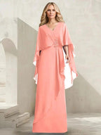 A-line V-Neck Floor-Length Chiffon Mother of the Bride Dress With Cascading Ruffles Beading by Dreamylily