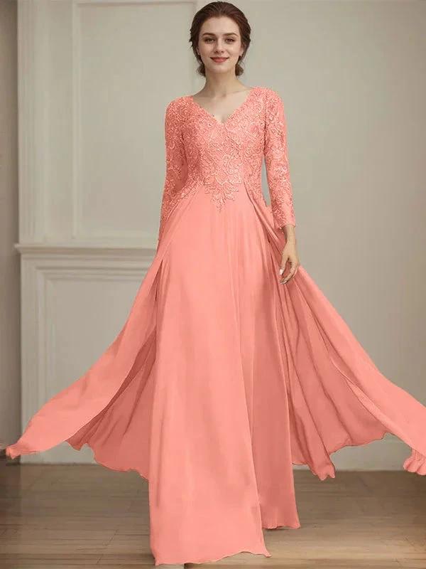 A-line V-Neck Floor-Length Lace Chiffon Mother of the Bride Dress With Sequins by Dreamylily